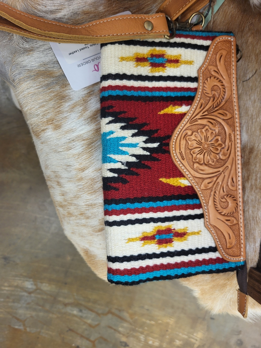 Southwestern Pattern Leather-Trim Wristlet Clutch in Multi